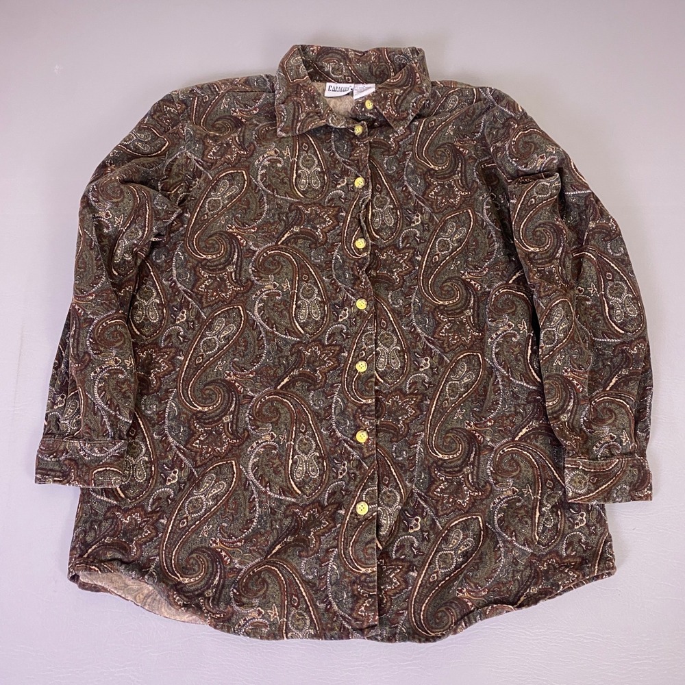 Vintage Capacity Corduroy Shirt Womens 1X Brown Green Paisley Cotton Button Down